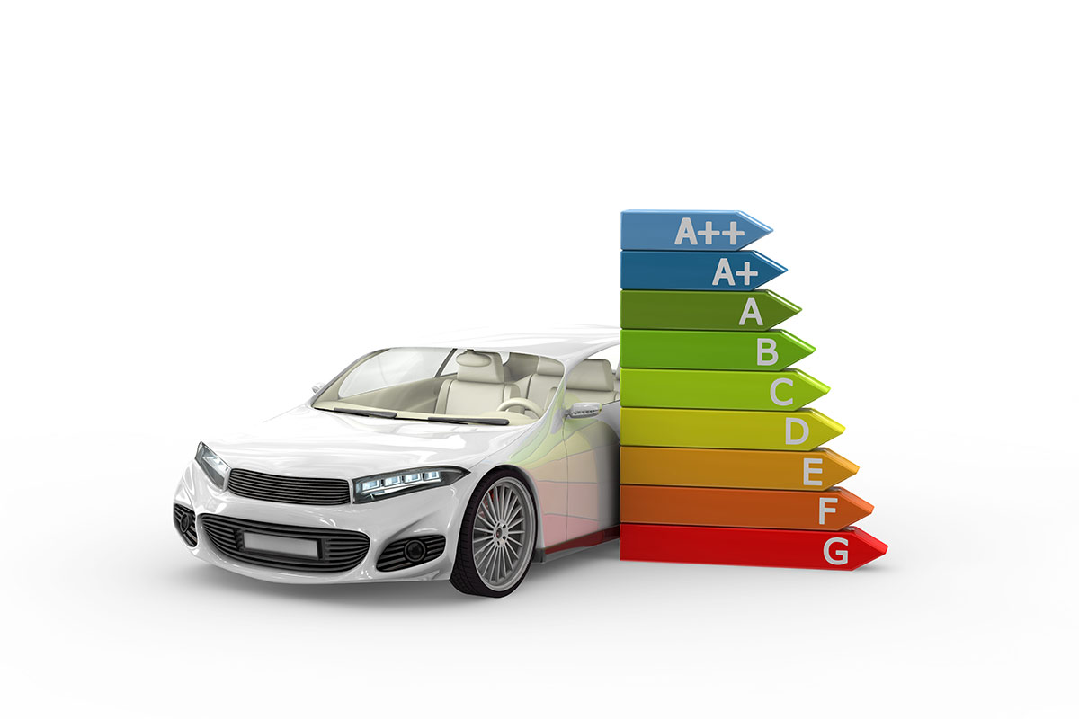 Zu sehen ist ein Bild eines 3D Modells eines Fahrzeuges mit der Effizenztabelle